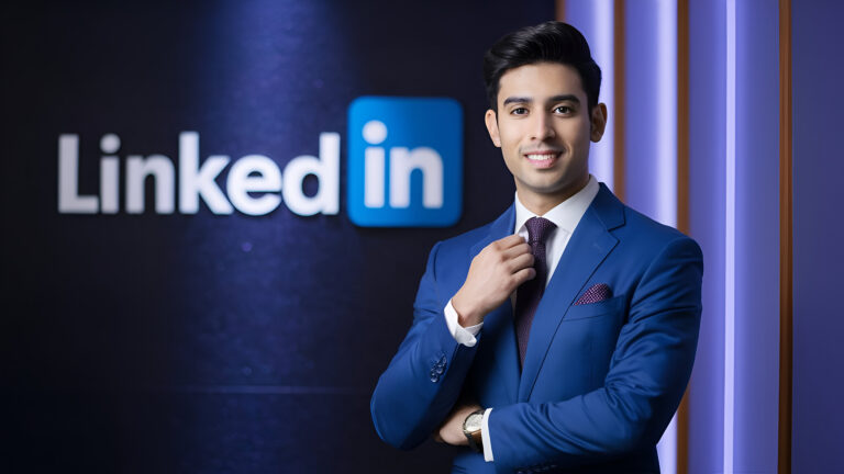 man-blue-suit-stands-front-blue-wall-with-red-pocket-square